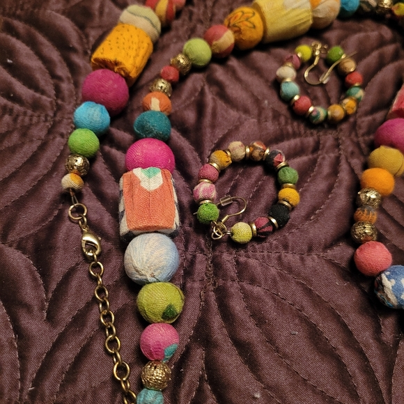 Multicolor Fabric Bead 32+ in. Necklace & 1 in. Hoop Earring Set - Picture 8 of 11